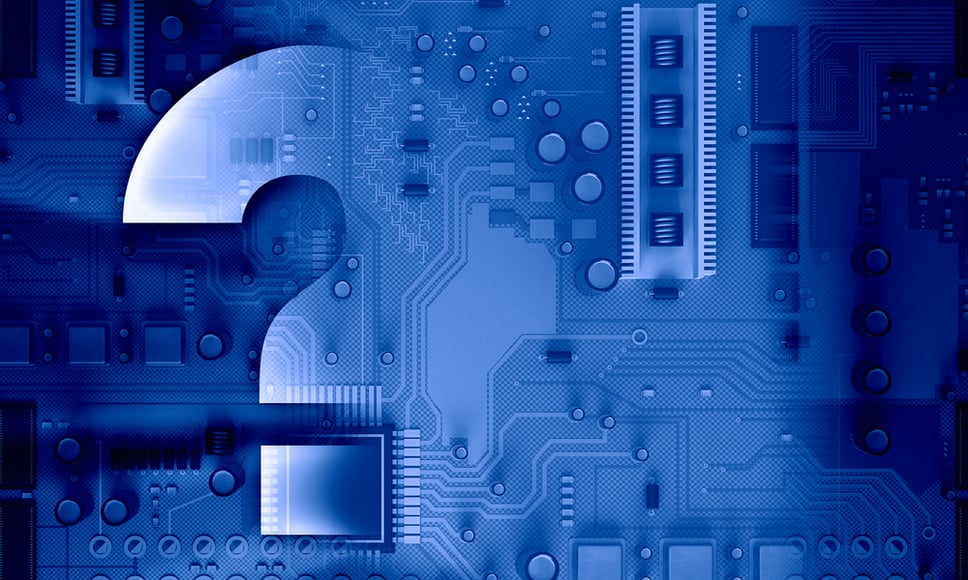 Background image with system motherboard concept and question mark